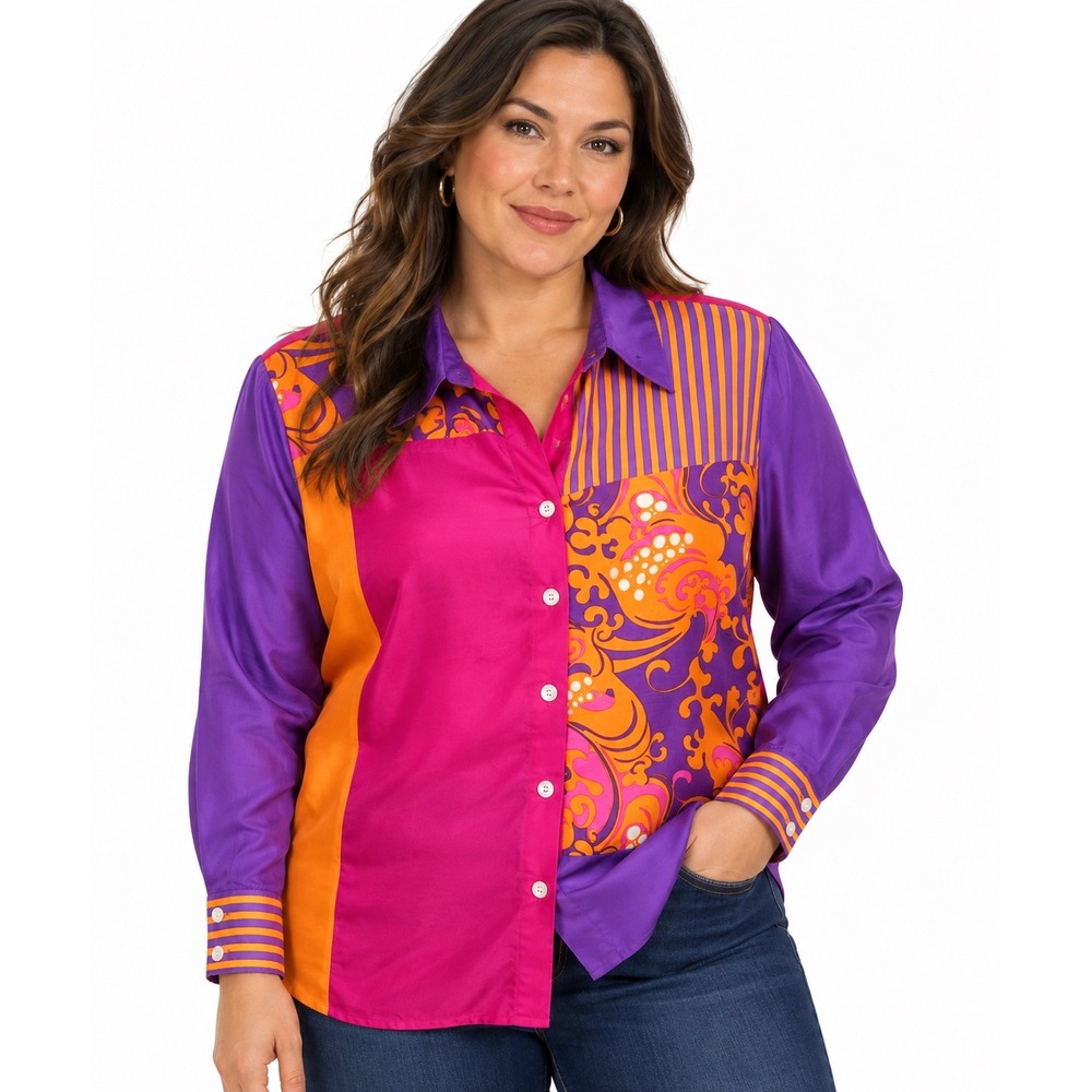 Koos of Course! 100% Silk Colorblock Paisley Striped Button Up Shirt Womens 1X